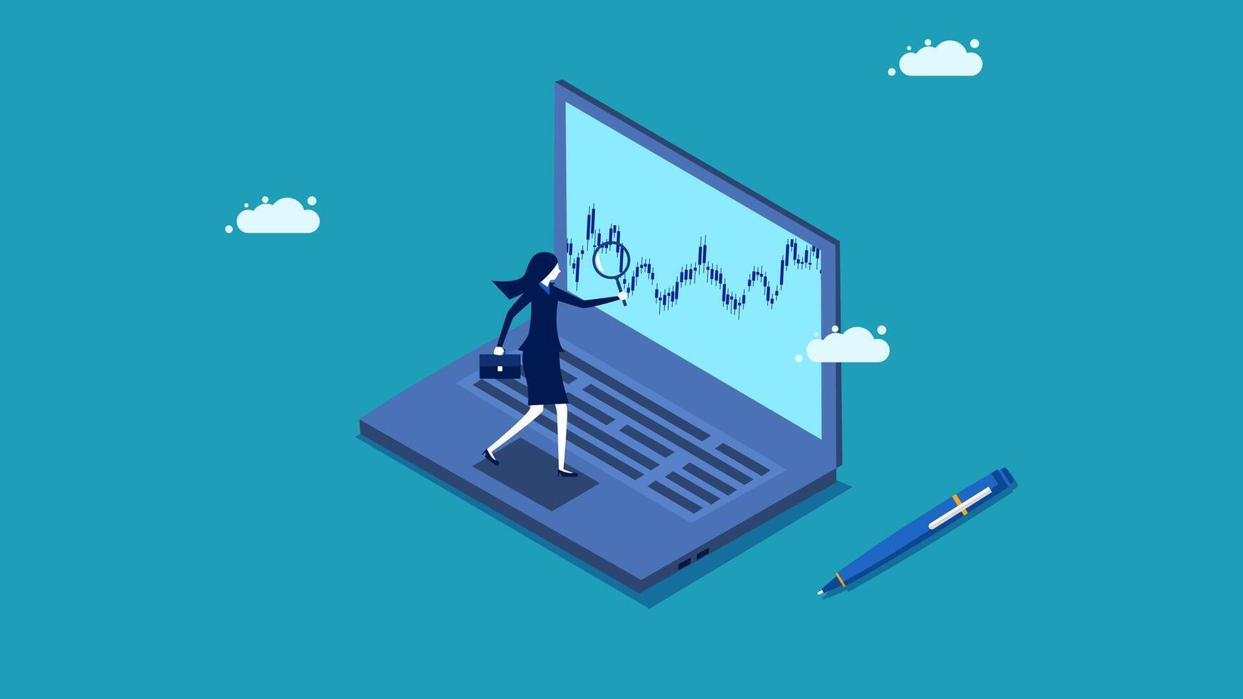 businesswoman using laptop to look at graphs vector