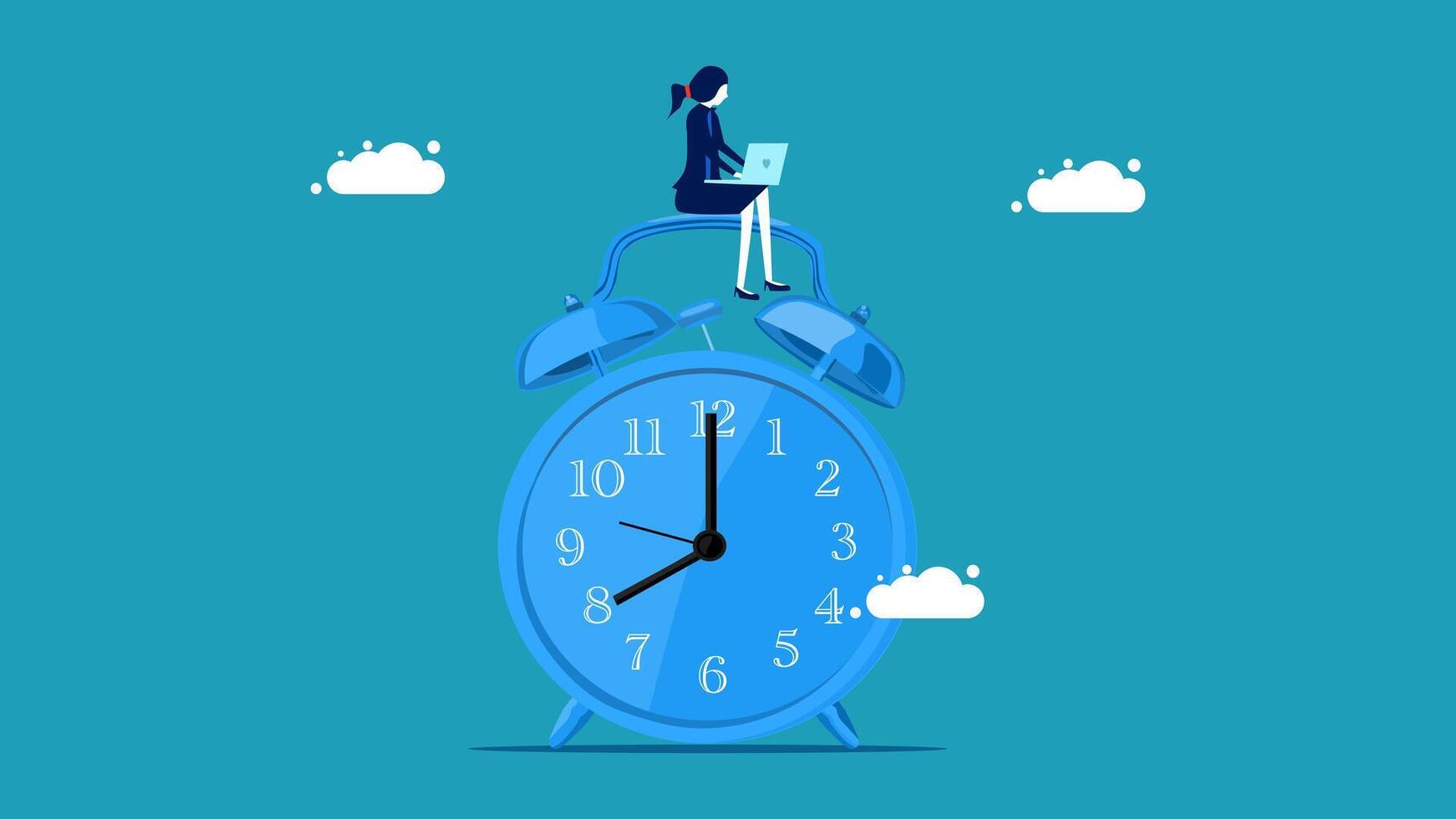 businesswoman sitting on top of clock with laptop vector