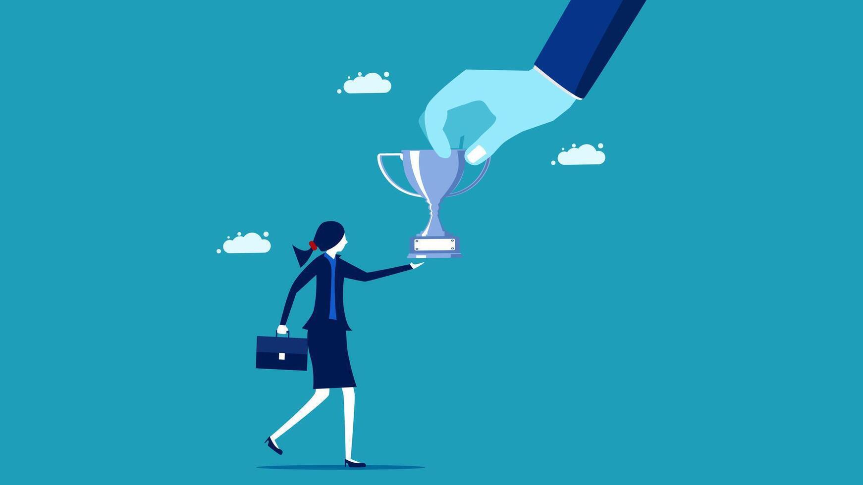 business woman holding a trophy cup and a hand reaching out to give it to her vector