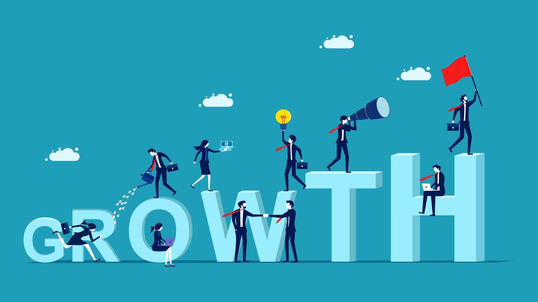 business people climbing the word growth vector