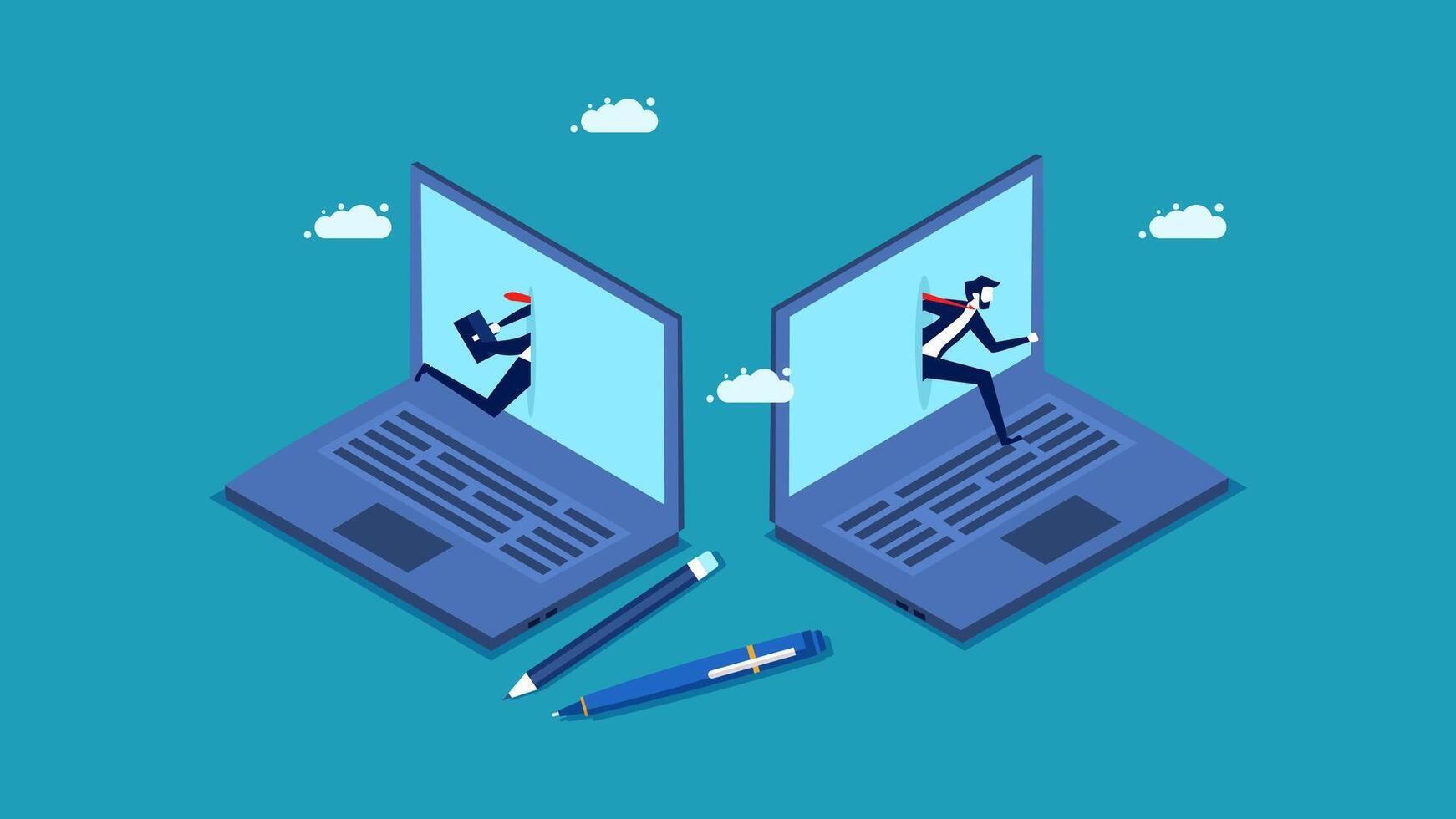 two people running on a laptop computer vector