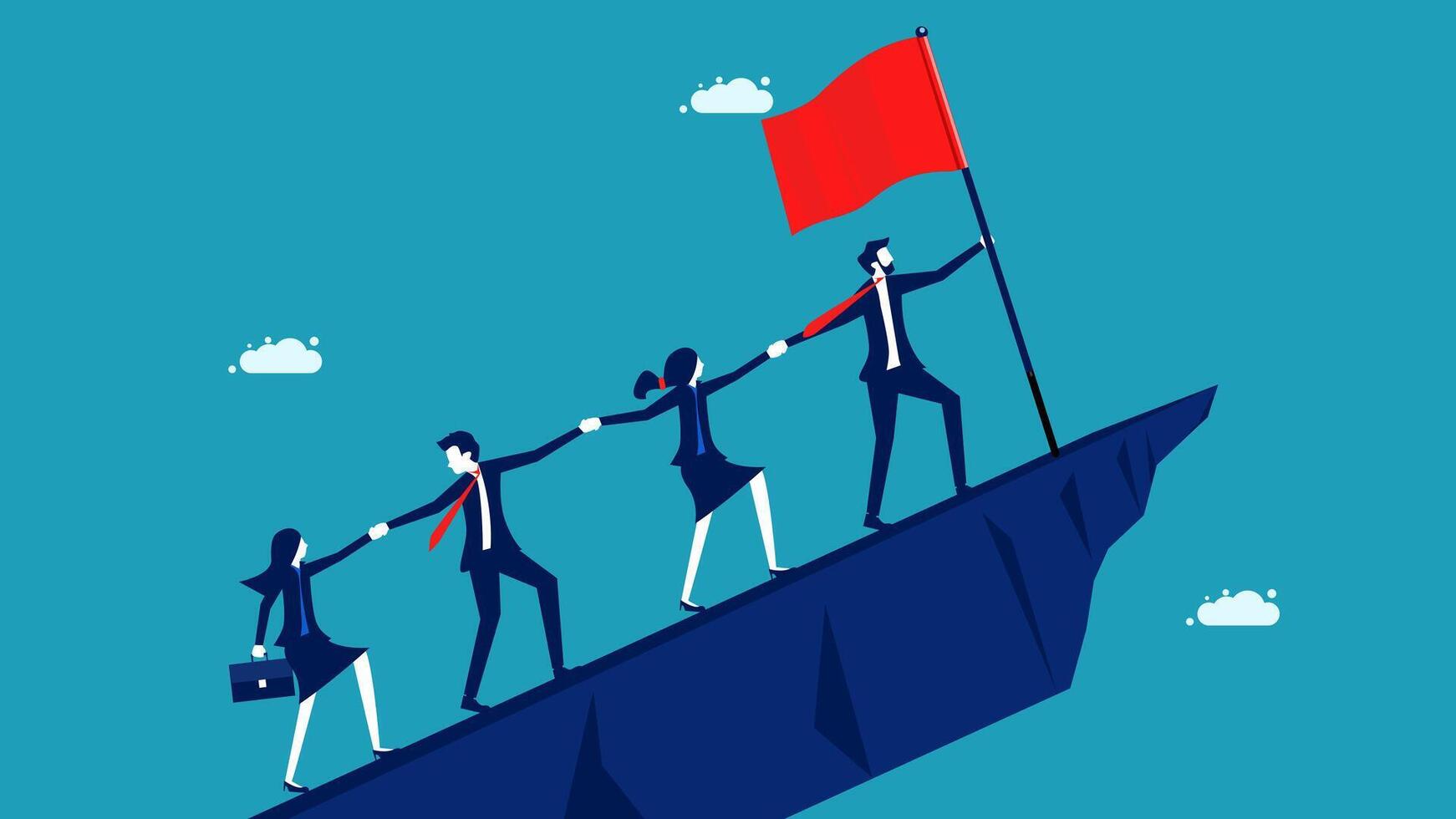 business people climbing up a mountain with a red flag vector