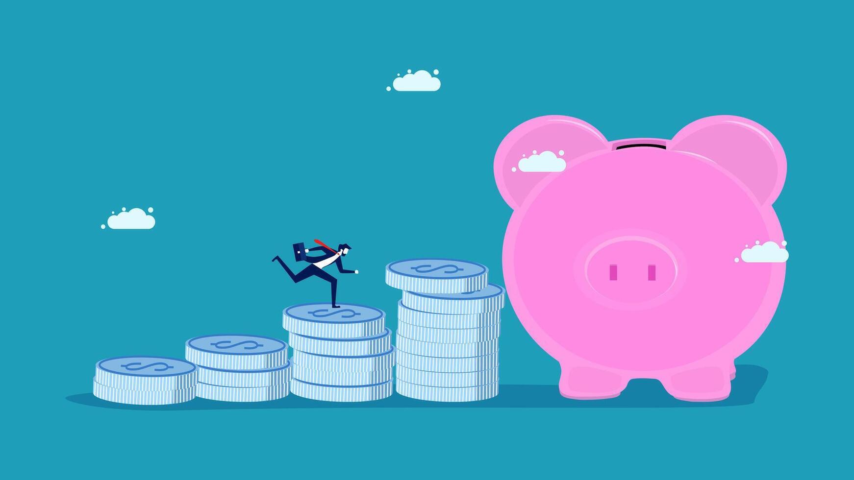 a man is climbing up a stack of coins to reach a pink piggy bank vector