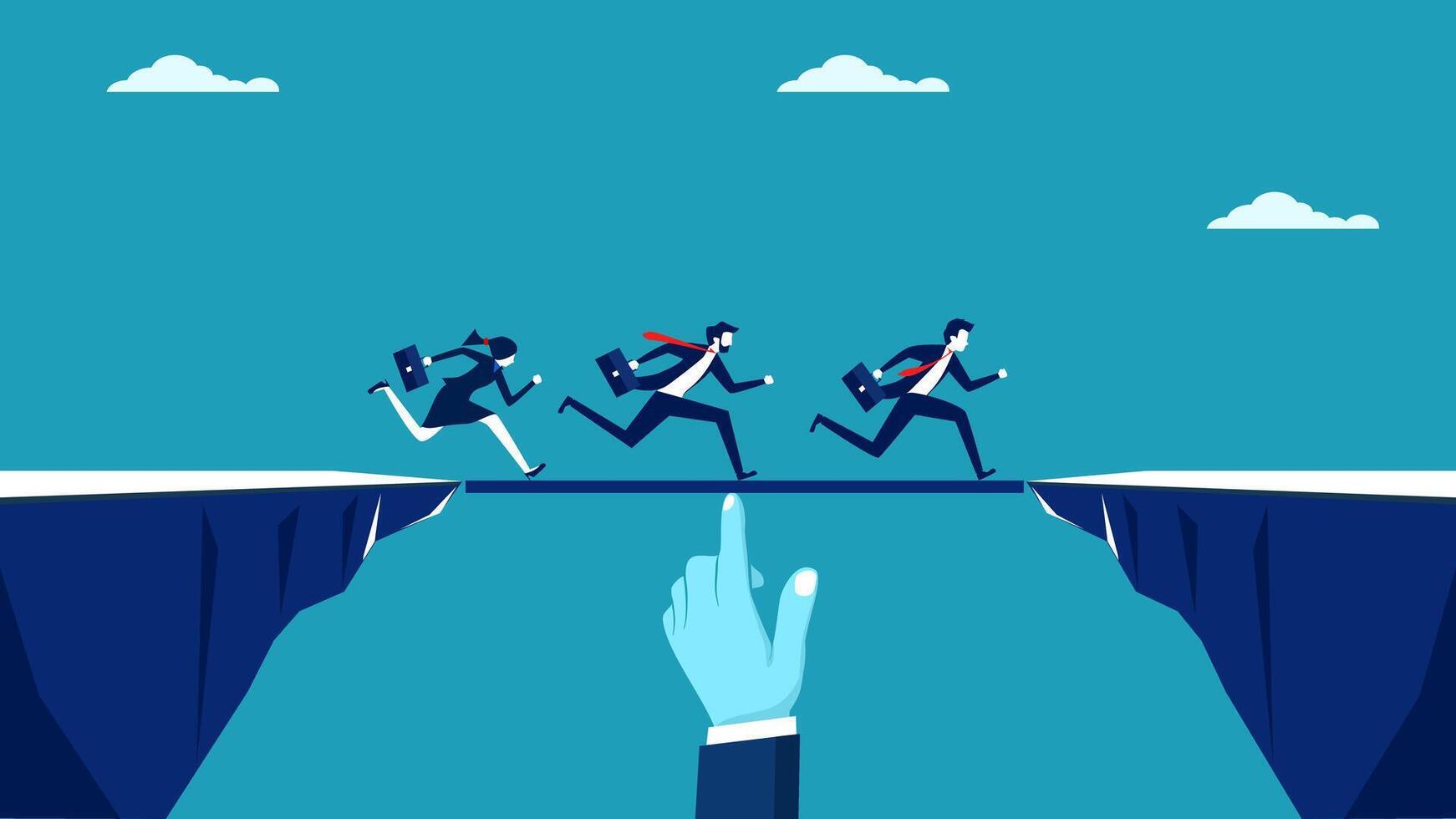 businessman hand pointing to a cliff and business people running across it vector