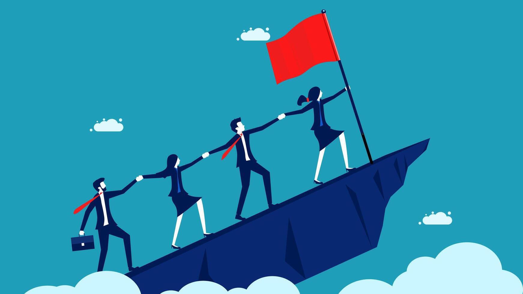 business people climbing up a cliff with a red flag vector