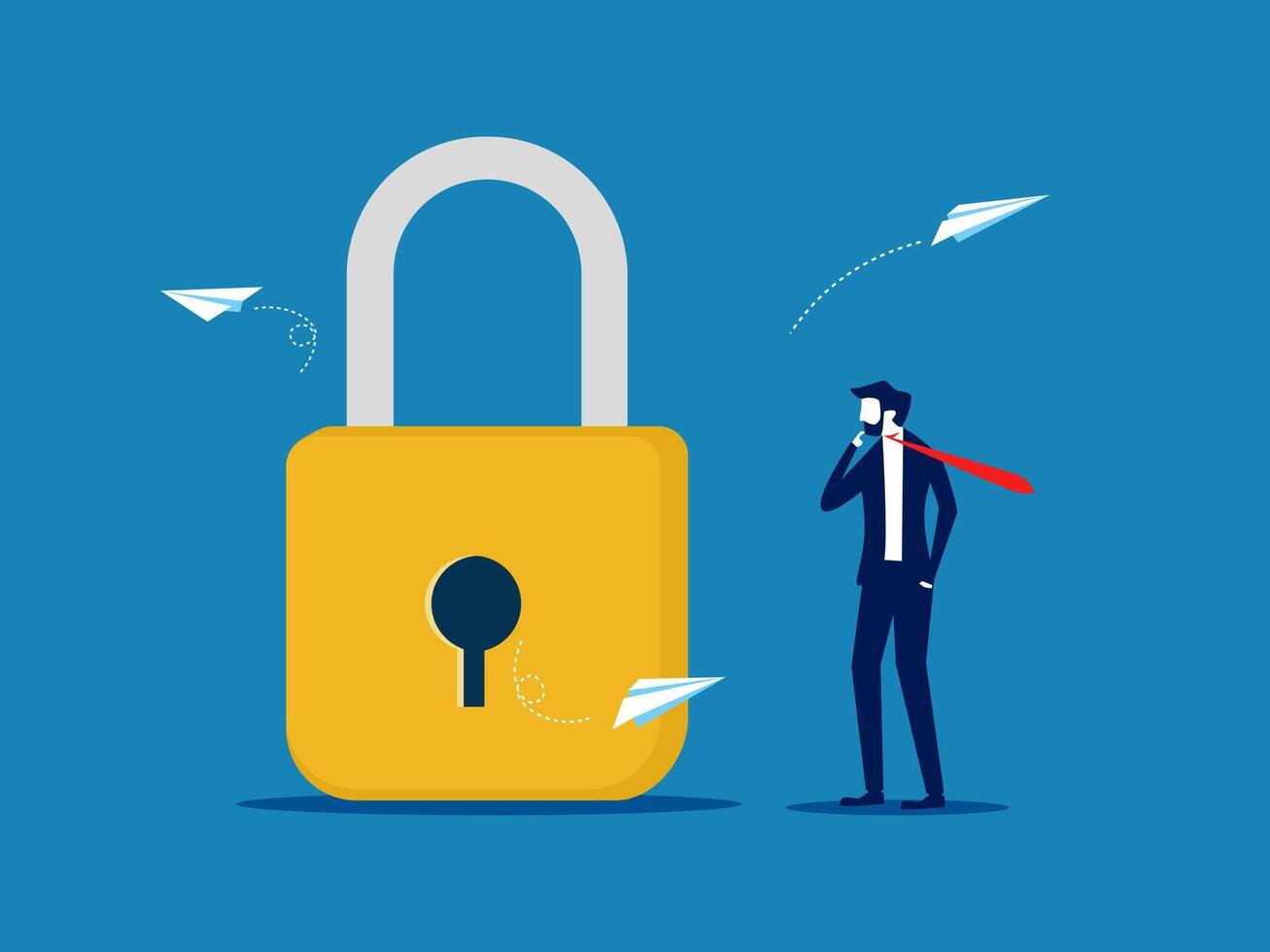 Businessman trying to figure out how to unlock the lock. vector