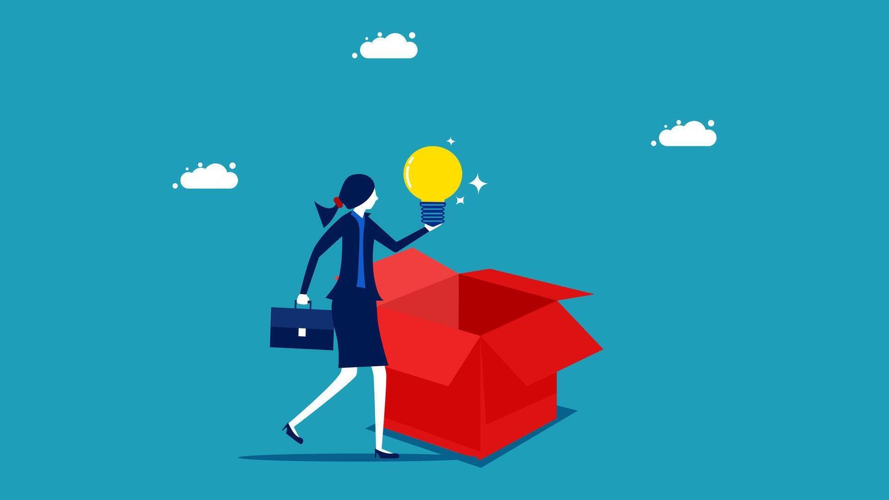 businesswoman holding a light bulb in a box with a red box vector