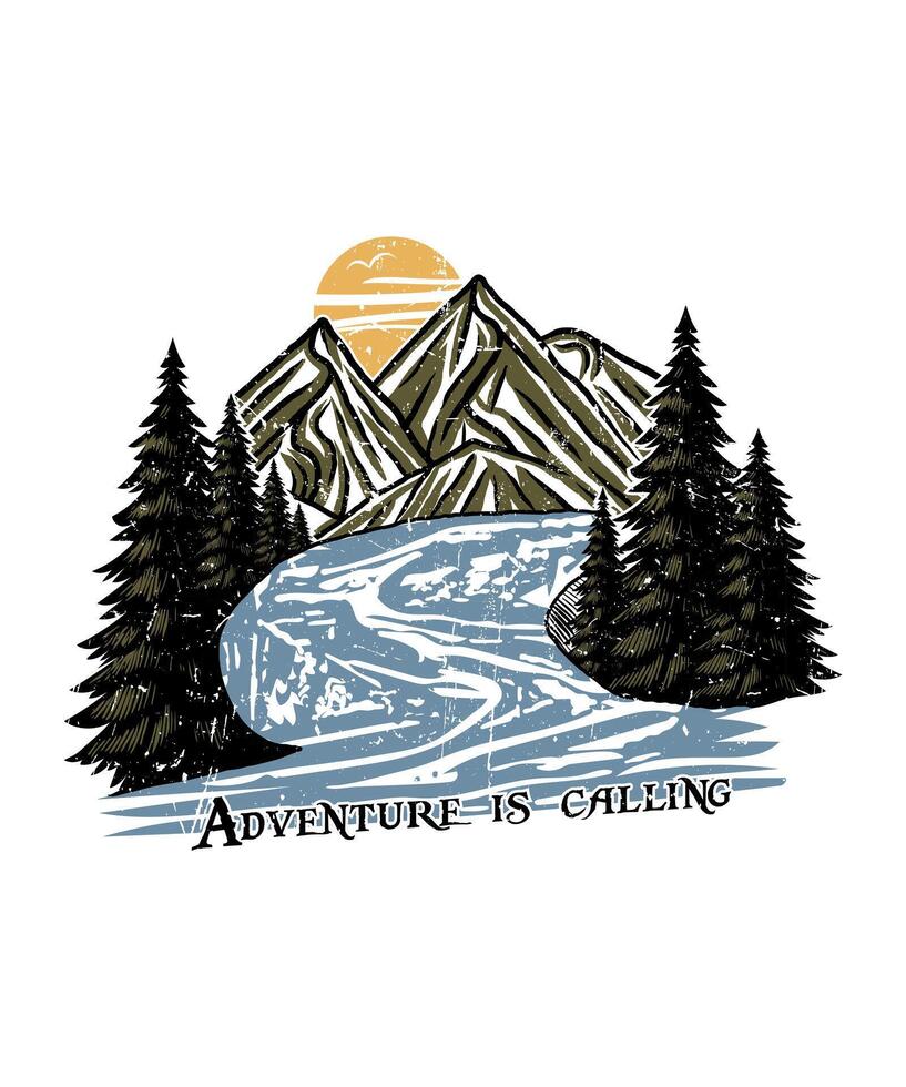 Adventure is calling mountain hand-drawn t shirt design vector