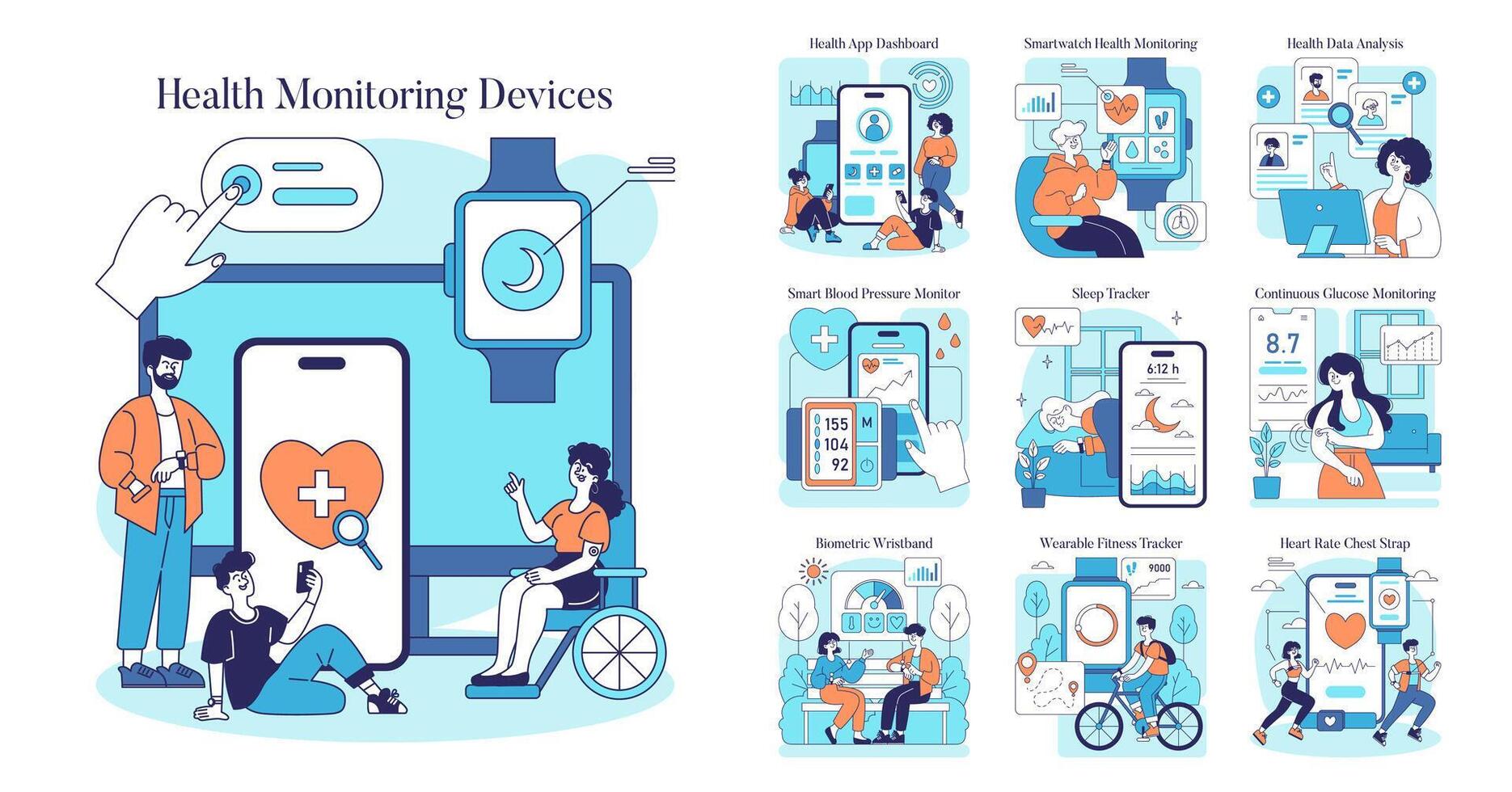 Health Monitoring Devices. Flat Illustration vector