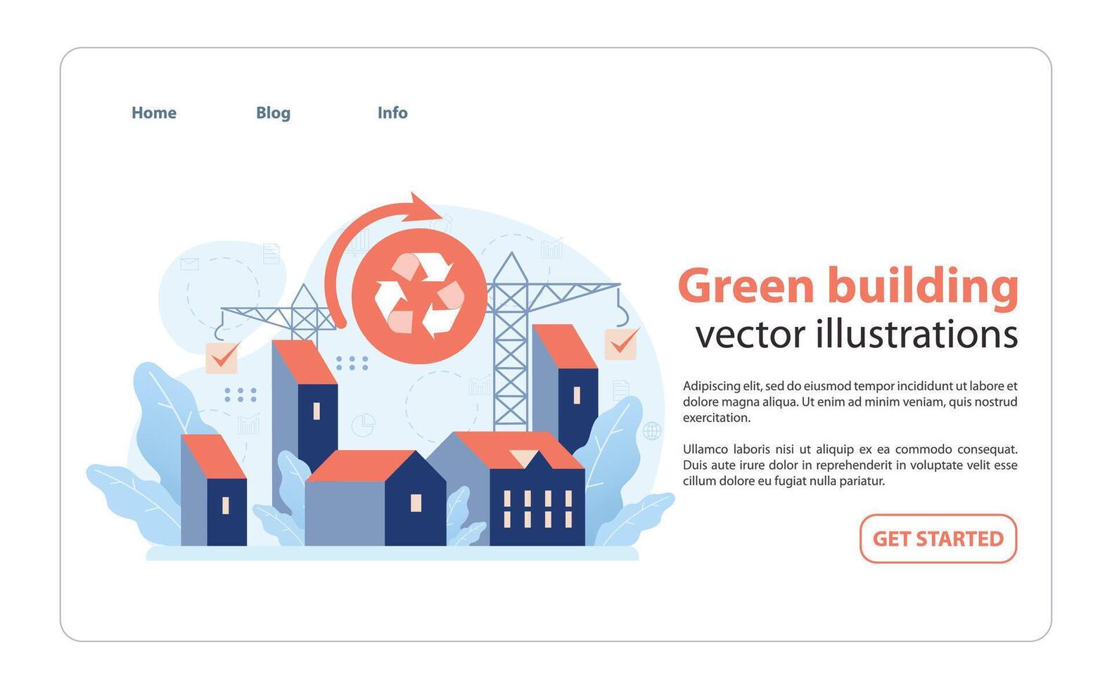 Green building practices showcased with cityscape. Flat illustration vector