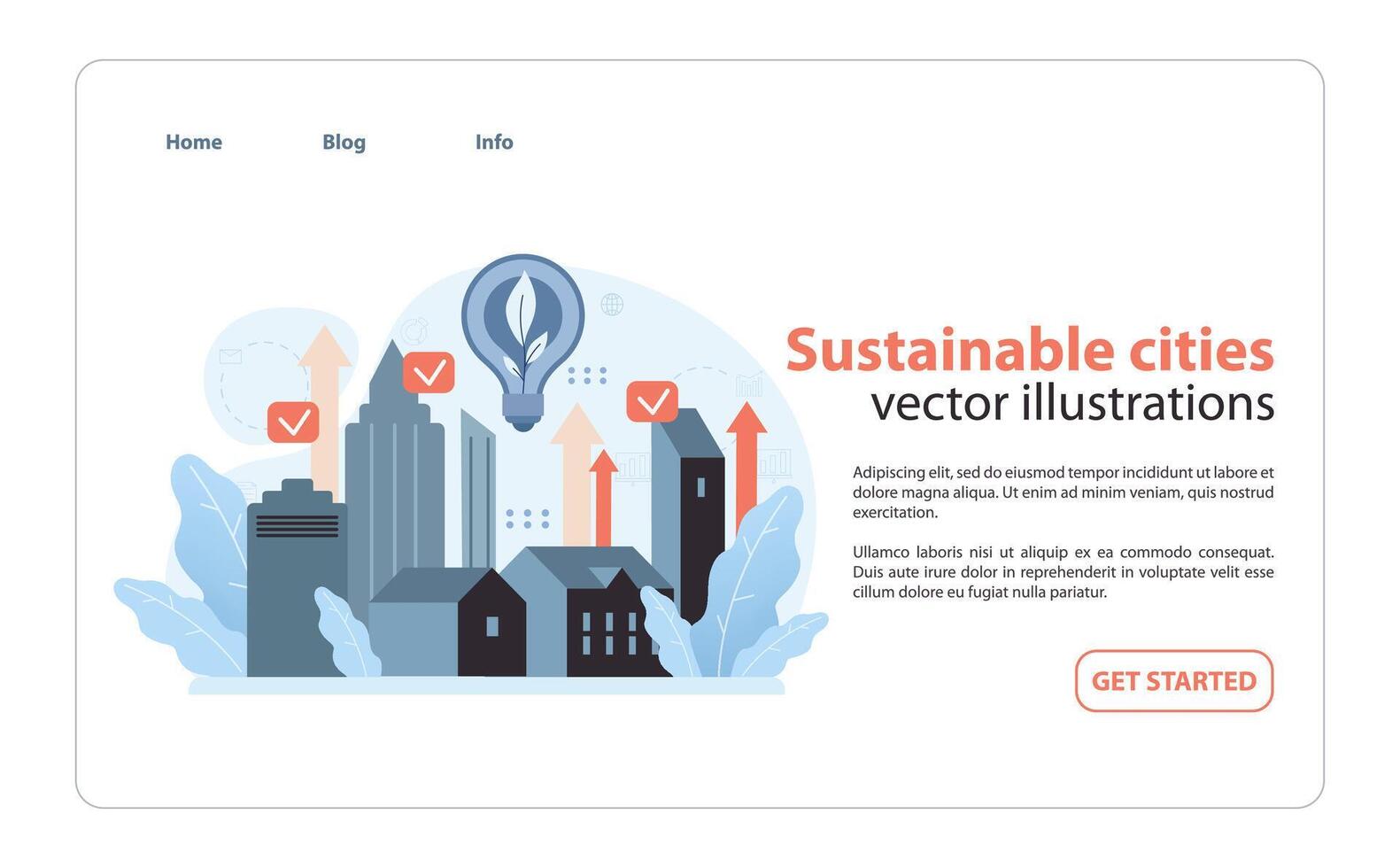 Sustainable cities depicted by a progressive skyline, eco-friendly light bulb, and rising arrows. Flat illustration vector