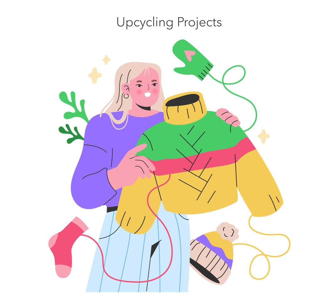 Maker Culture concept A bright figure breathes new life into old garments, illustrating the magic of upcycling projects with a joyful color palette illustration vector