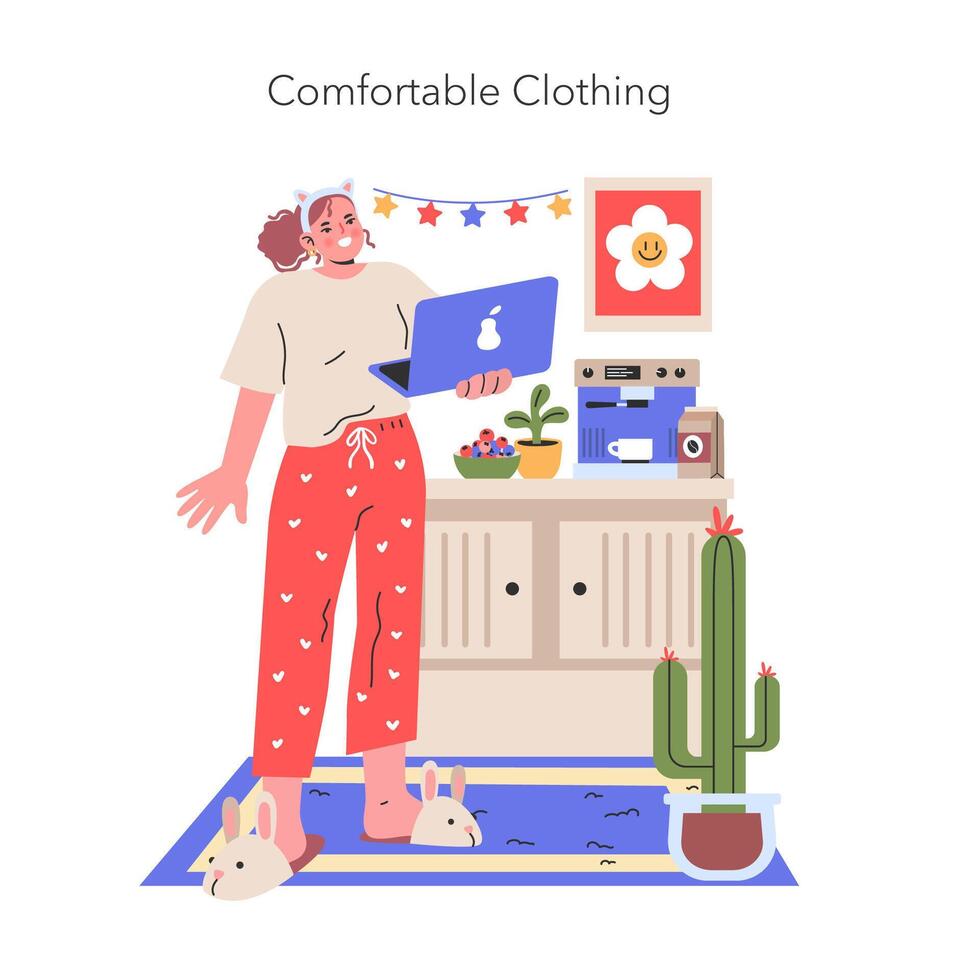 Comfortable Clothing illustration A content creator enjoys the cozy and creative freedom of a home office, dressed in casual attire for productivity and style illustration vector