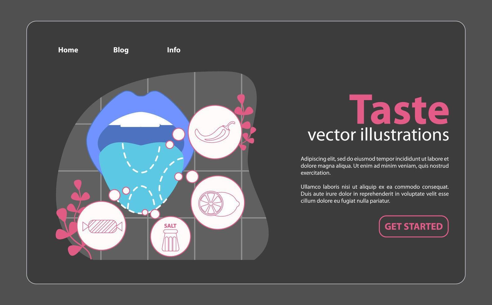 Taste illustration. A depiction of the gustatory system with symbols for sweet, sour, salty. vector