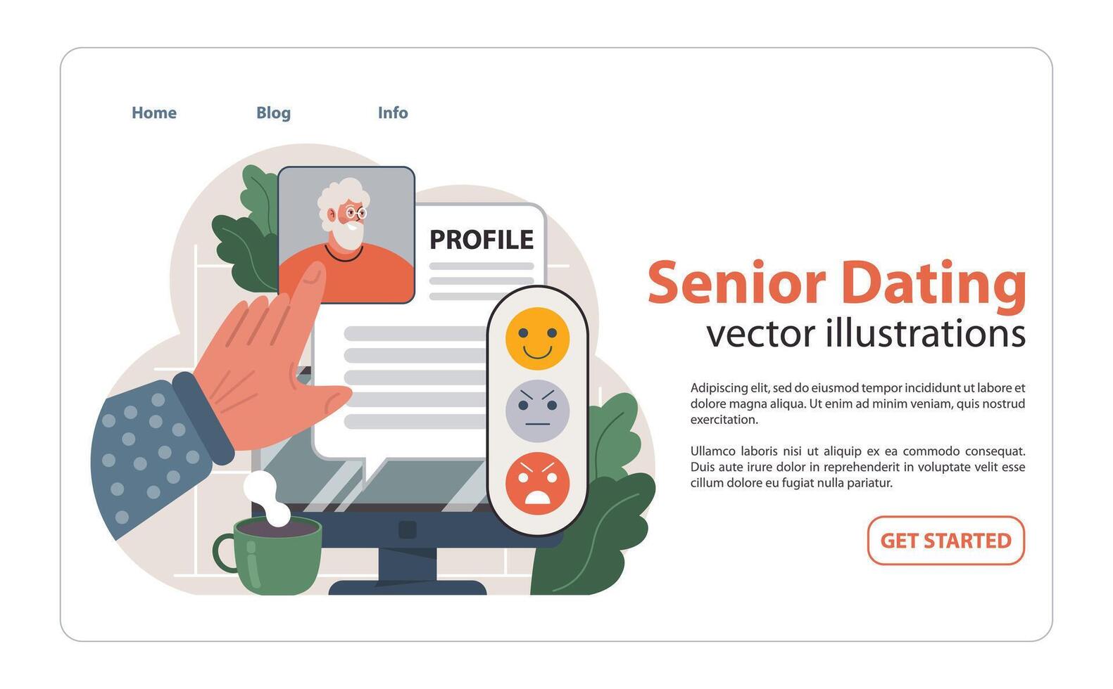 Elderly man's online dating profile on a computer screen. Flat illustration vector