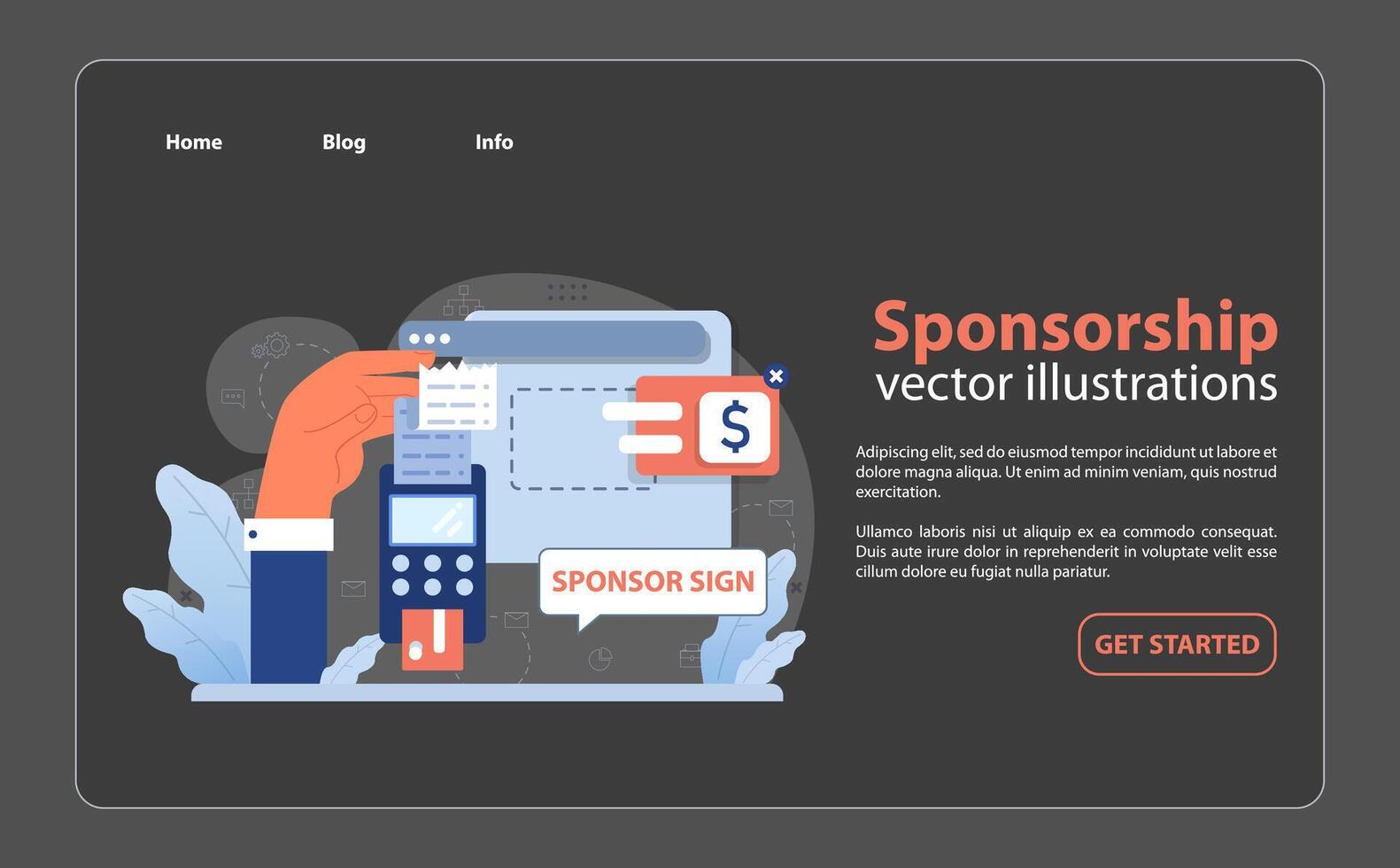 Hand processing a sponsorship transaction with a card terminal. Flat illustration vector
