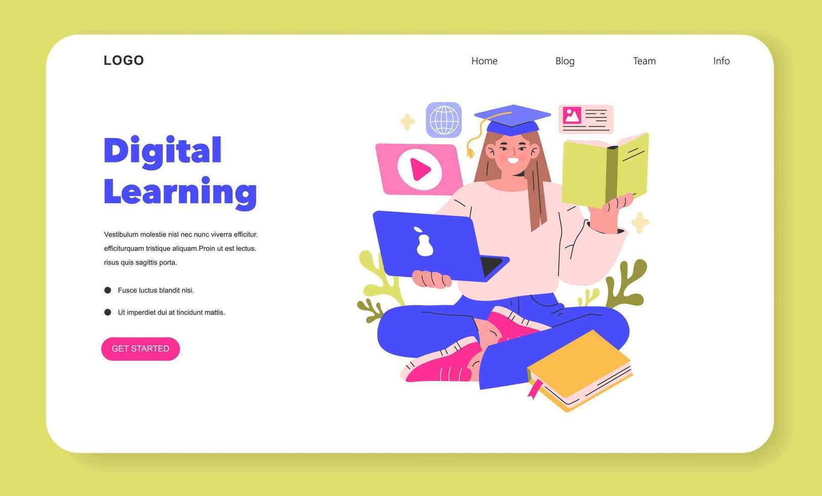 Digital Learning concept A student in graduation cap multitasks with a laptop and a book, symbolizing modern education and information access illustration vector