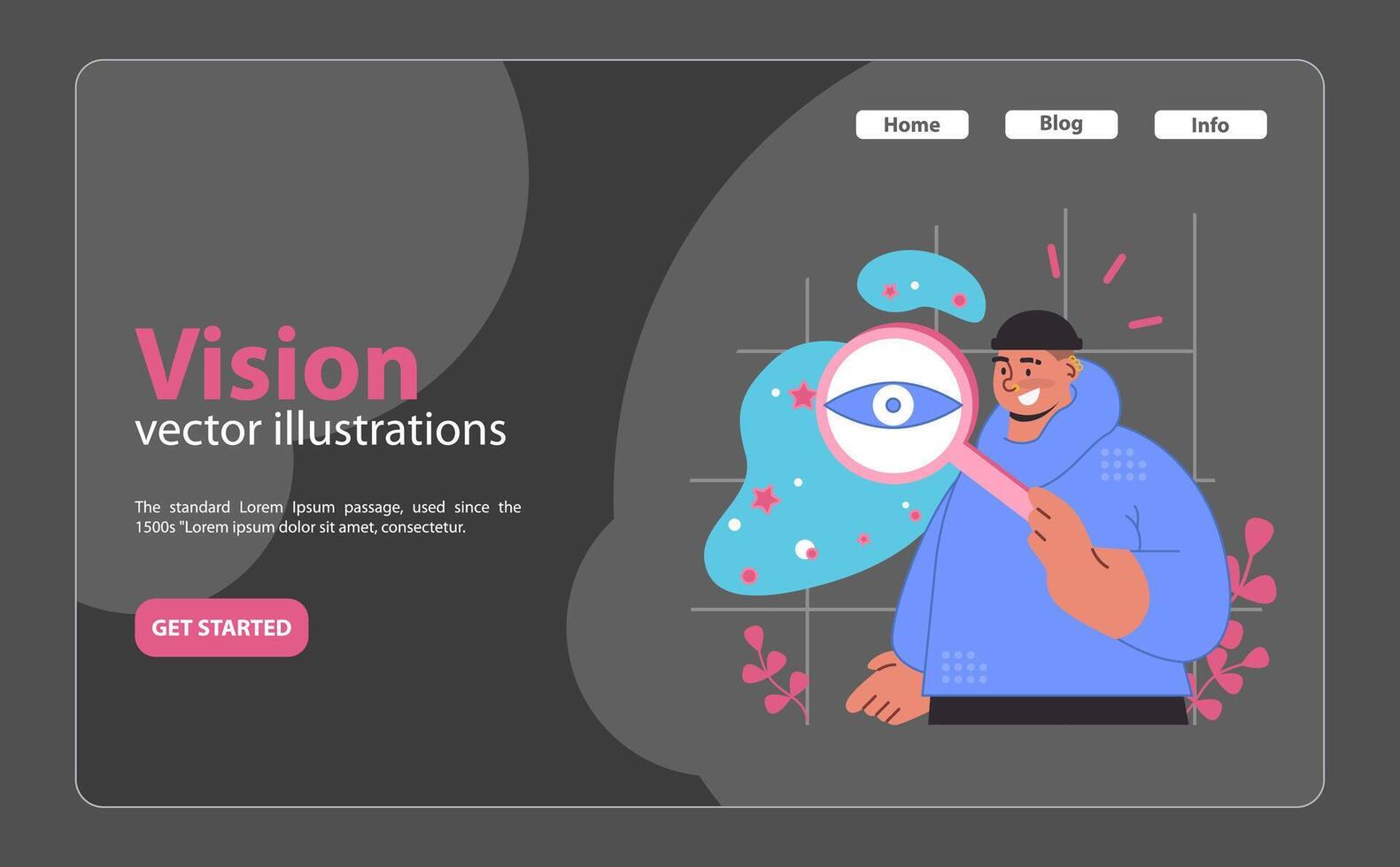 Vision illustration. A man investigates the intricacies of sight with a magnifying glass. vector