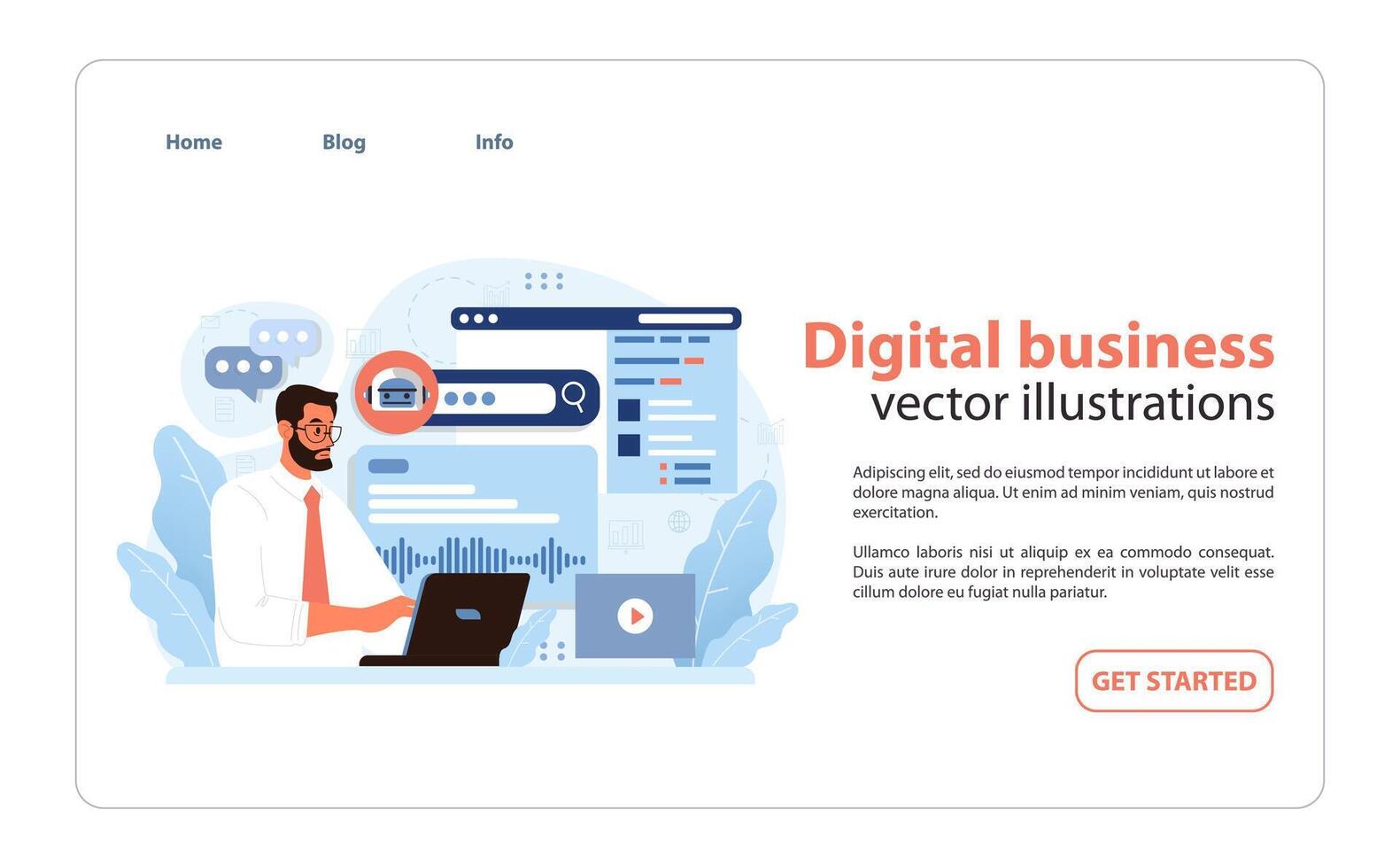 Digital Business concept. Man engages with online analytics and marketing data. vector
