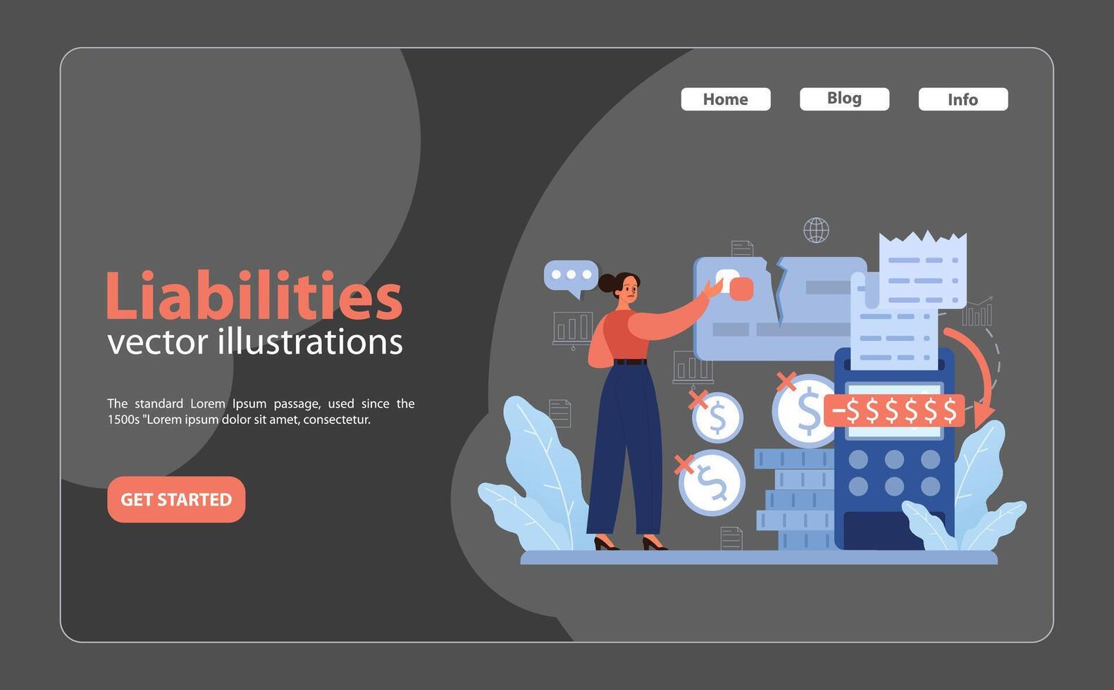 Detail-oriented accountant reviewing liabilities. Woman with a calculator, vector