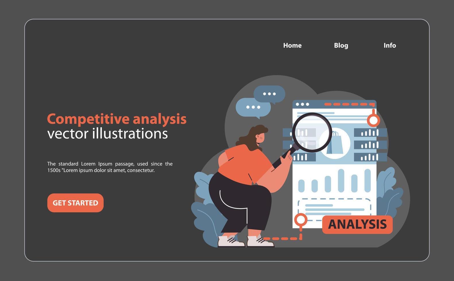 Focused woman conducting competitive analysis. Flat illustration vector