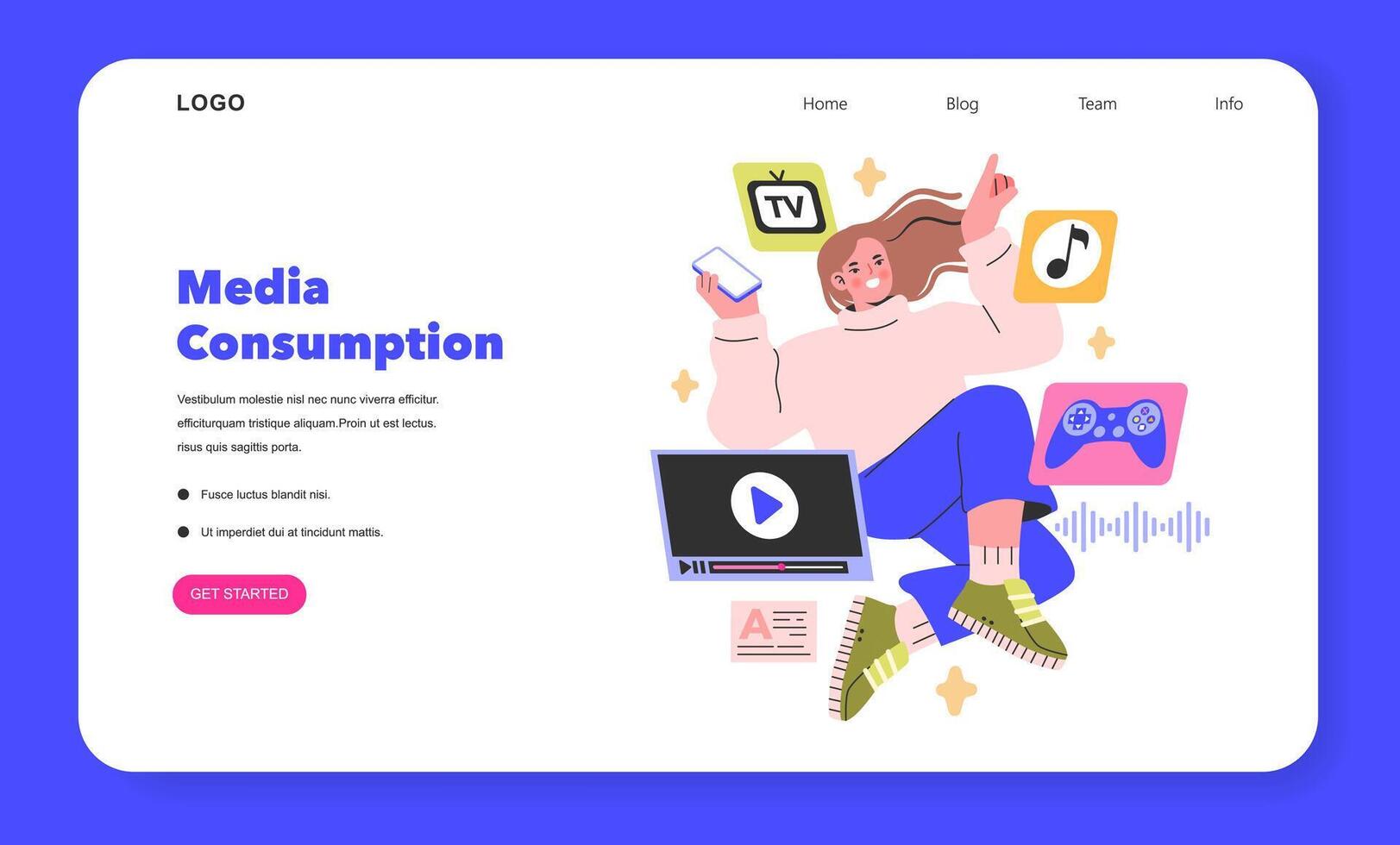 Media Consumption concept A woman enjoys a multimedia symphony, seamlessly juggling TV, music, and gaming Digital era leisure in vibrant vectors illustration