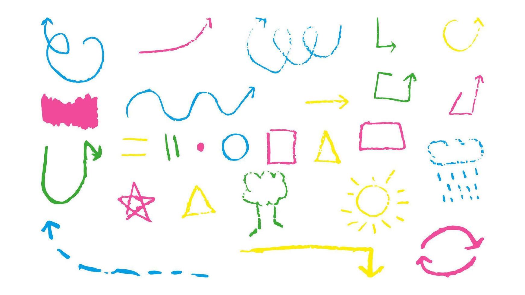 Doodles with the texture of wax chalk. Set elements imitating child drawing. Arrow Square Triangle tree sun. Doodles abstract shapes. illustration. vector