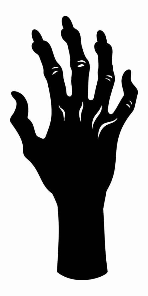 Black silhouette of creepy zombie hand isolated on a white background. Eerie monster hand outline. Concept of horror, Halloween, creepy design. Print, icon, design element. Graphic art vector
