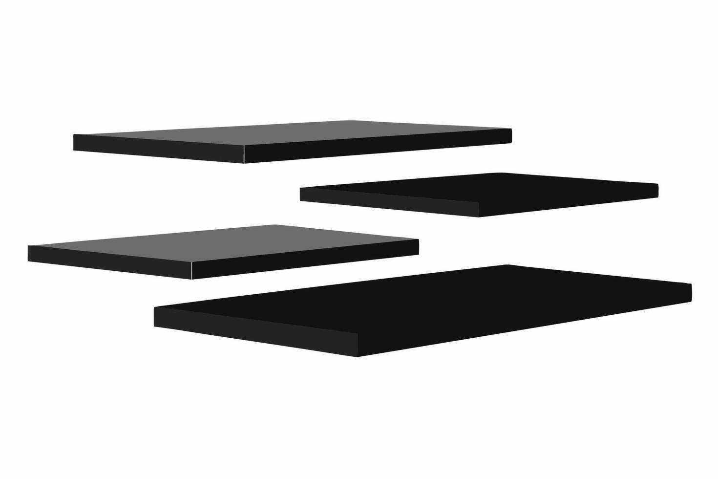 Black floating shelves isolated on a white background. Minimalist shelving unit with simple design. Concept of home decor, organization, storage, furniture, interior design. Graphic art vector