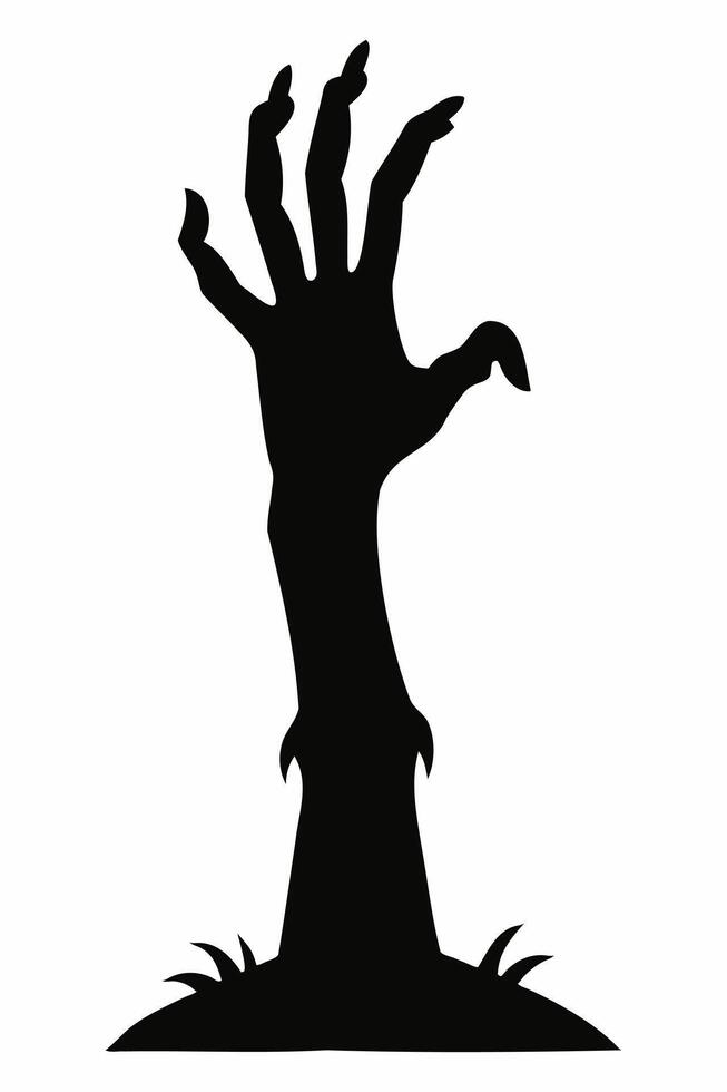 Black silhouette of a zombie hand rising from the ground isolated on a white background. Eerie Zombie hand outline. Concept of horror, Halloween, creepy design. Print, icon, design element vector