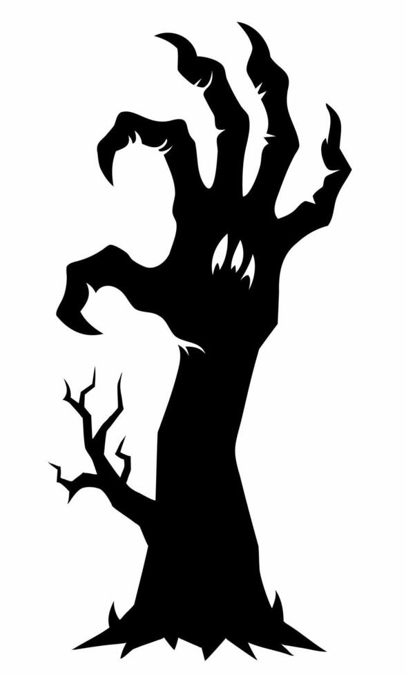 Black silhouette of a zombie hand rising from the ground isolated on a white background. Eerie Zombie hand outline. Concept of horror, Halloween, creepy design. Print, icon, design element vector