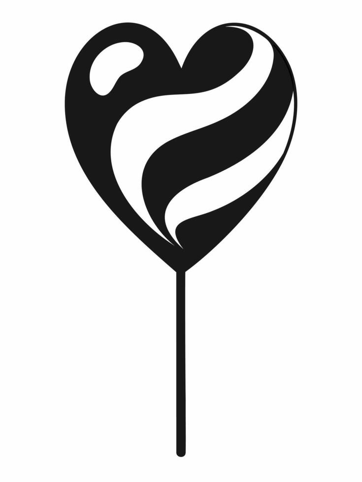 Black silhouette of heart-shaped lollipop with swirled pattern. Isolated on white background. Sweet candy icon in a minimalist style. Concept of confectionery, love, dessert. Print, design element. vector
