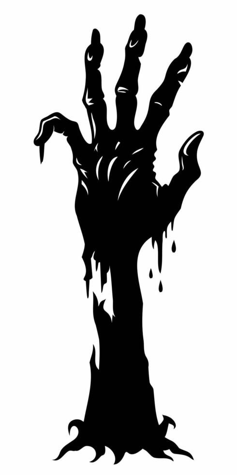 Black silhouette of a zombie hand rising from the ground isolated on a white background. Eerie Zombie hand outline. Concept of horror, Halloween, creepy design. Print, icon, design element vector