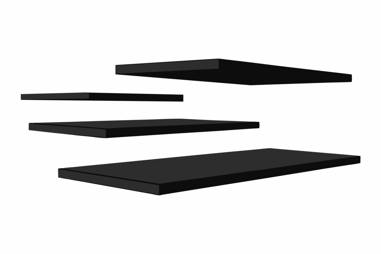 Black floating shelves isolated on a white background. Minimalist shelving unit with simple design. Concept of home decor, organization, storage, furniture, interior design. Graphic art vector
