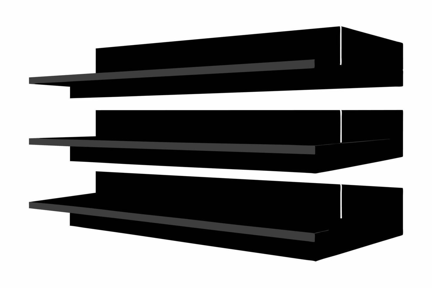 Black floating shelves isolated on a white background. Minimalist shelving unit with simple design. Concept of home decor, organization, storage, furniture, interior design. Graphic art vector