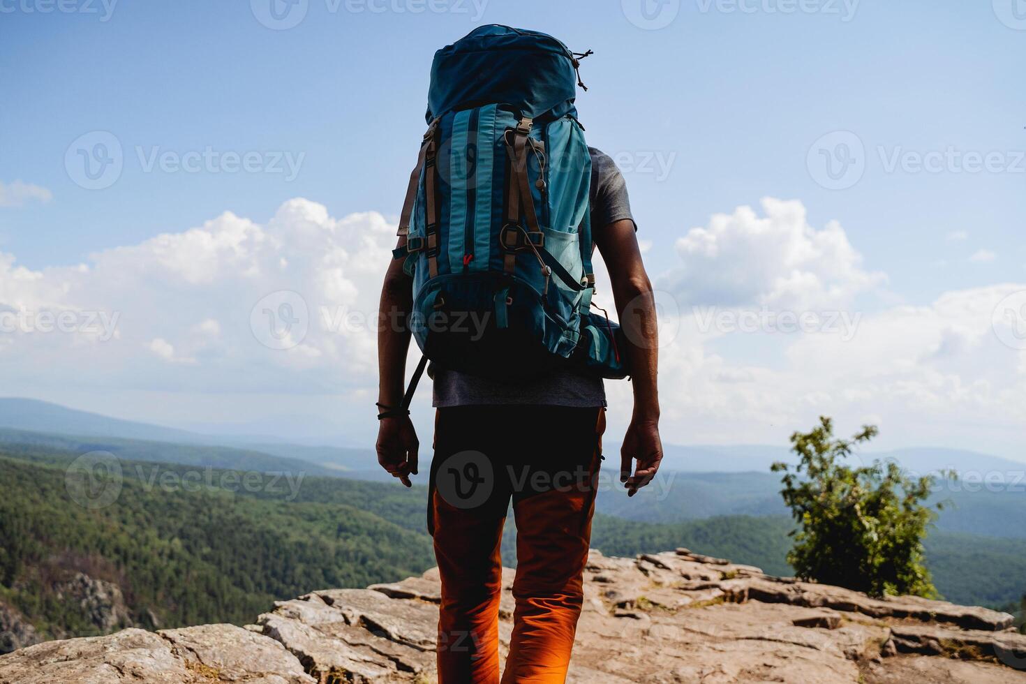 A large backpack hangs on the shoulders of a young hiker in the back view, a bag with hiking equipment, blue, a way out of the shade, a mountain path photo