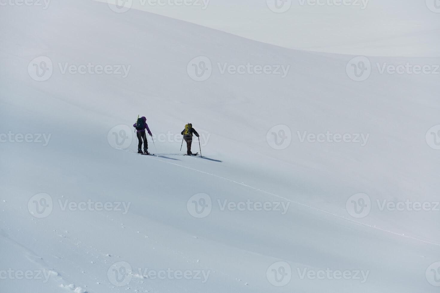 Alpine Ascent. Two Professional Skiers Conquer Snowy Peaks as a Determined Team. photo