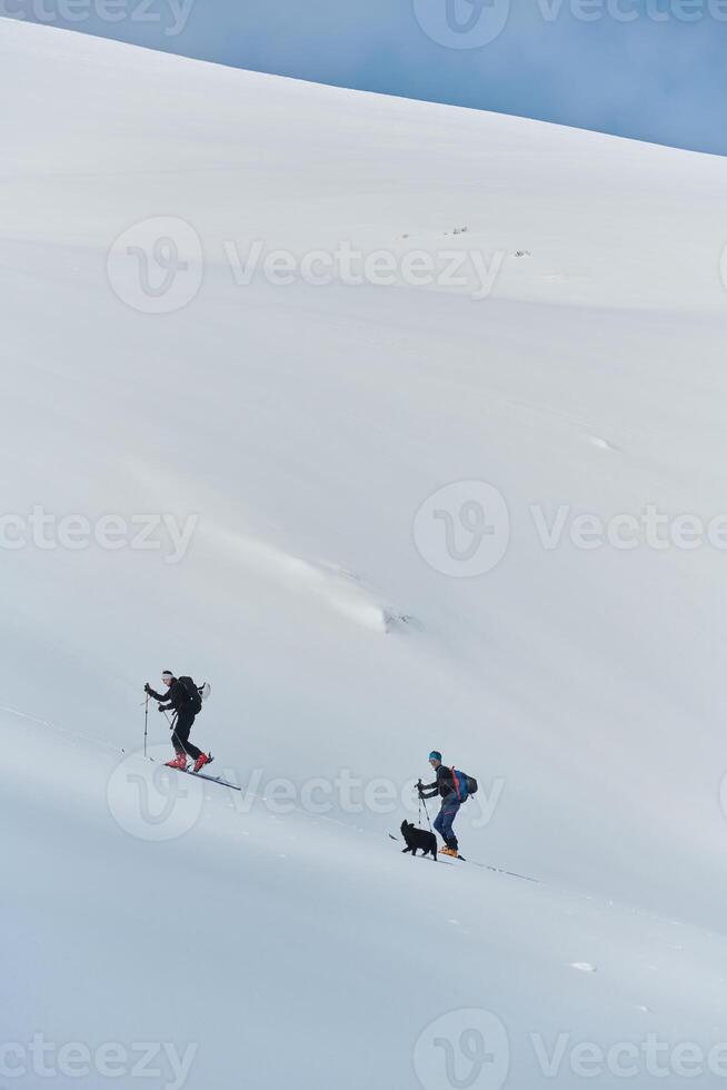 Alpine Ascent. Two Professional Skiers Conquer Snowy Peaks as a Determined Team. photo
