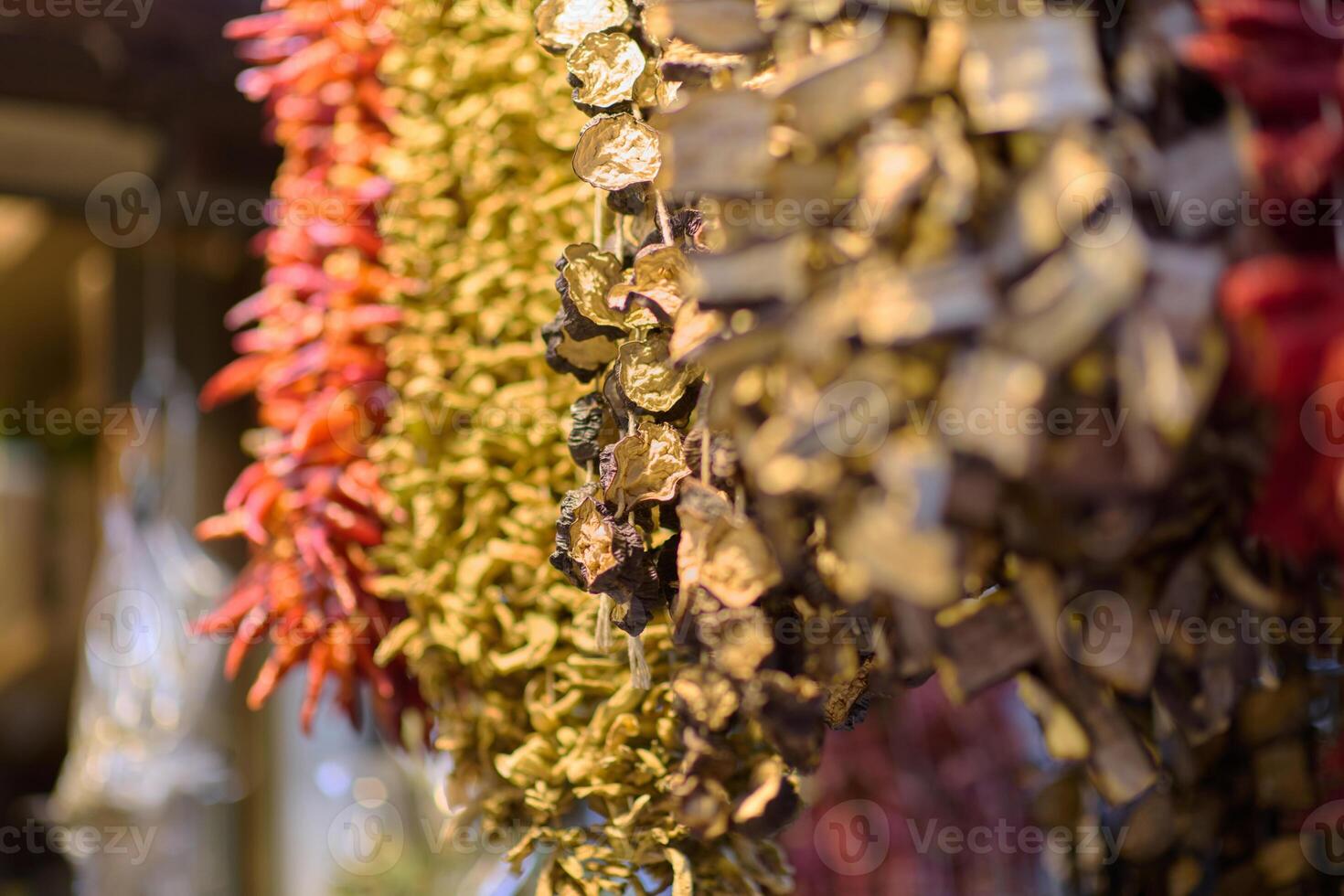 The dried marzipans hang in the shop photo
