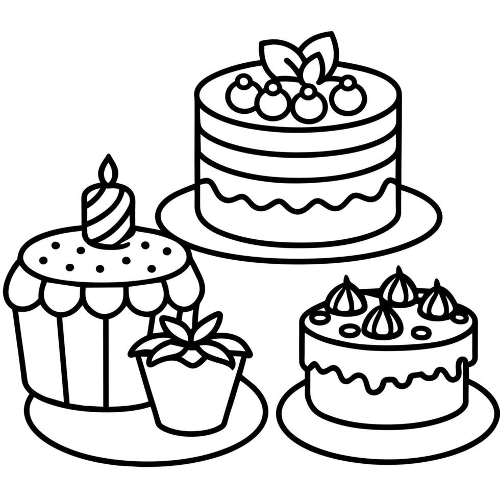 cakes outline coloring book page line art illustration digital drawing vector