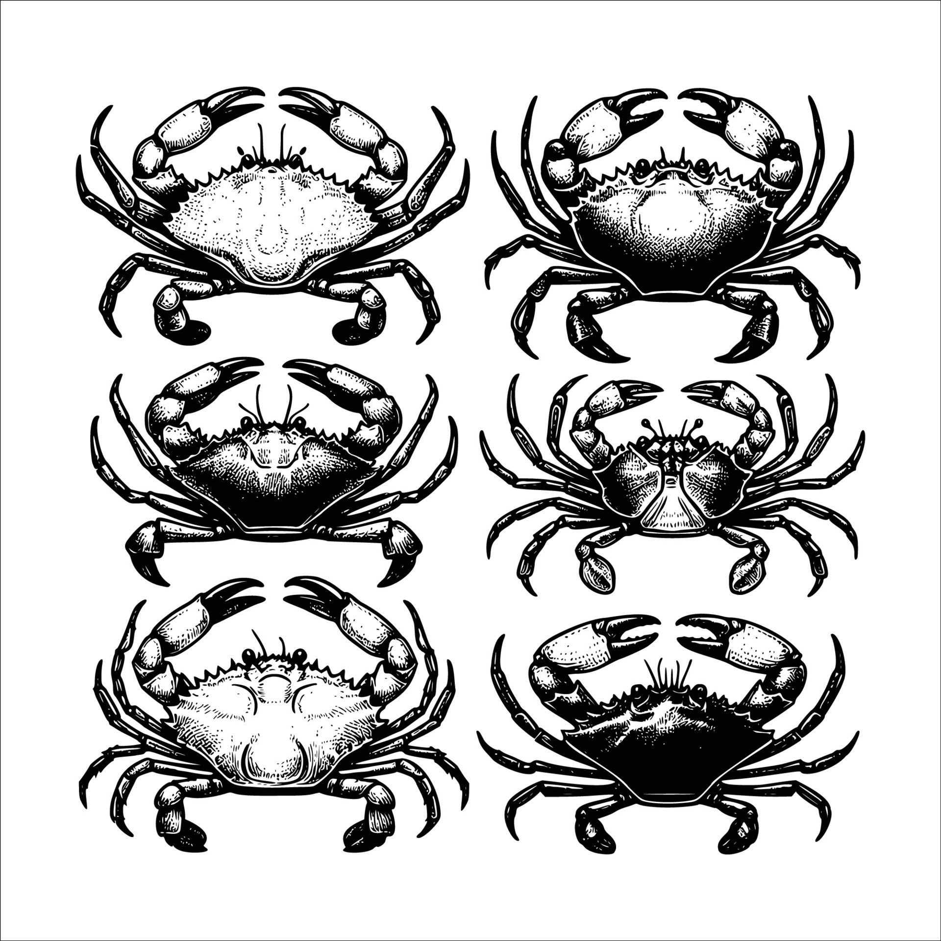 set of crab illustration. hand drawn black and white crabs illustration