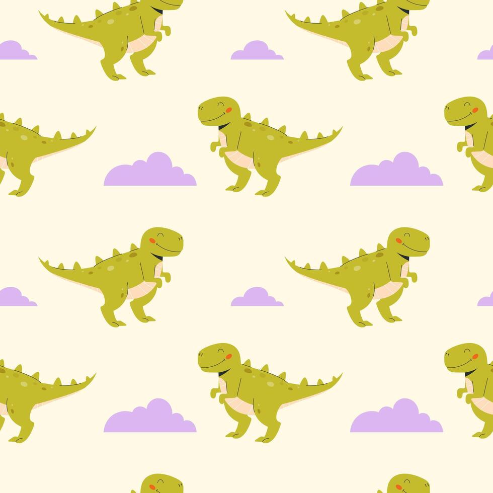 Childrens animals background. Greent cartoon dinosaurs seamless pattern on a light background vector