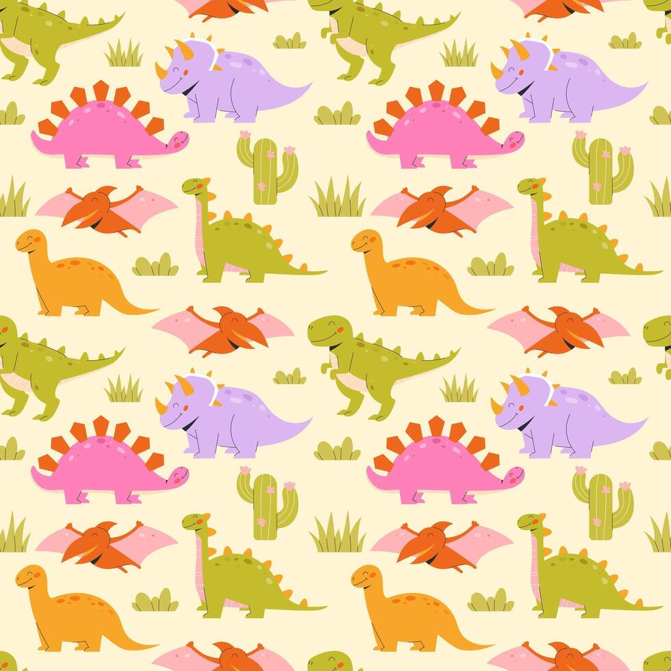 Childrens animals background. Bright cartoon dinosaurs seamless pattern on a light background vector