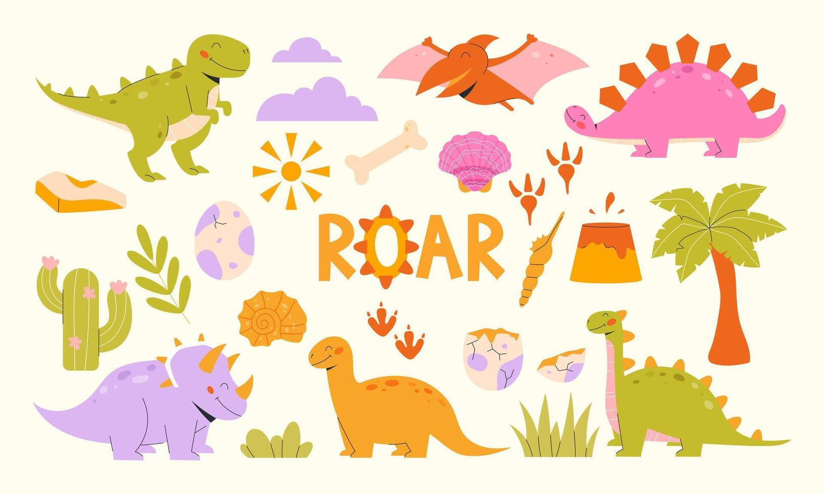 Childrens cute animal set. Set of cartoon dinosaurs. Palm tree, shells, grass, volcano, bones, clouds vector