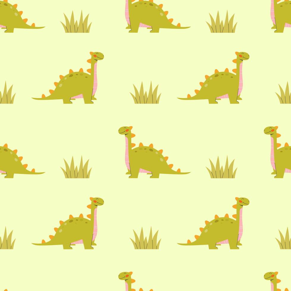 Childrens cute background. Seamless pattern with dinosaurs on a green background vector