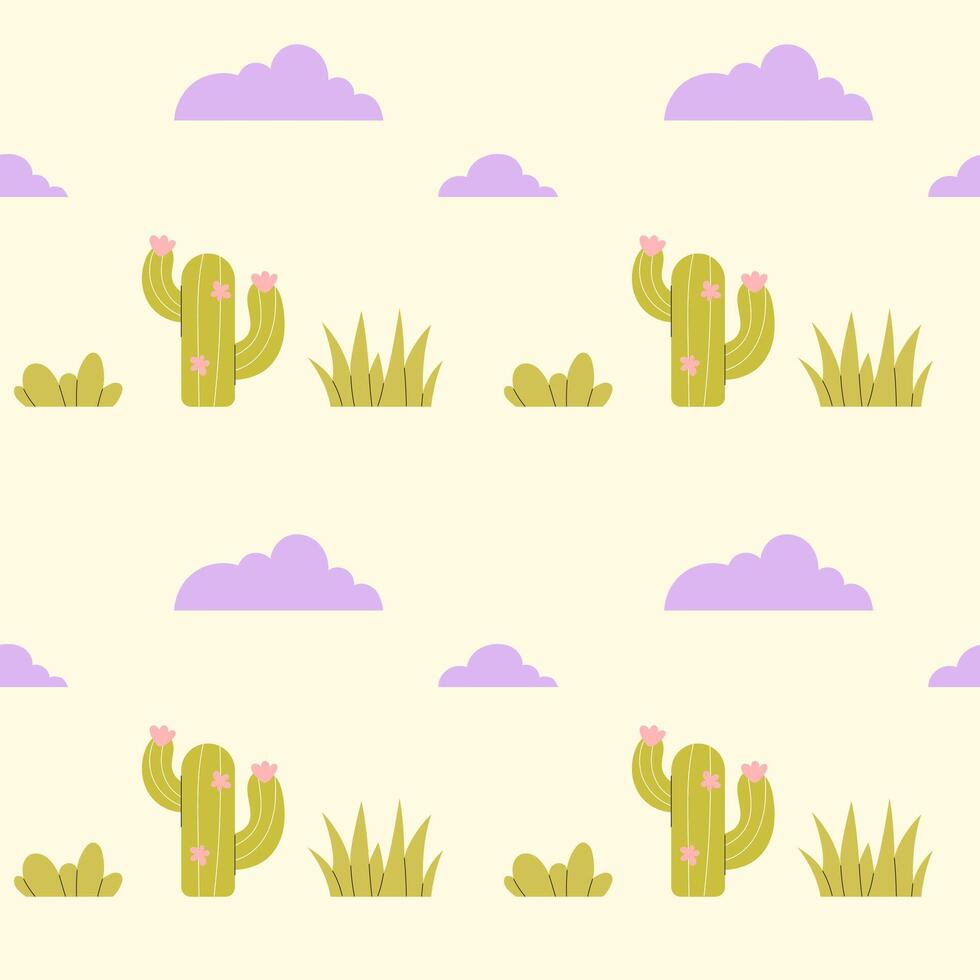 Childrens cute background. Cacti and clouds seamless pattern vector