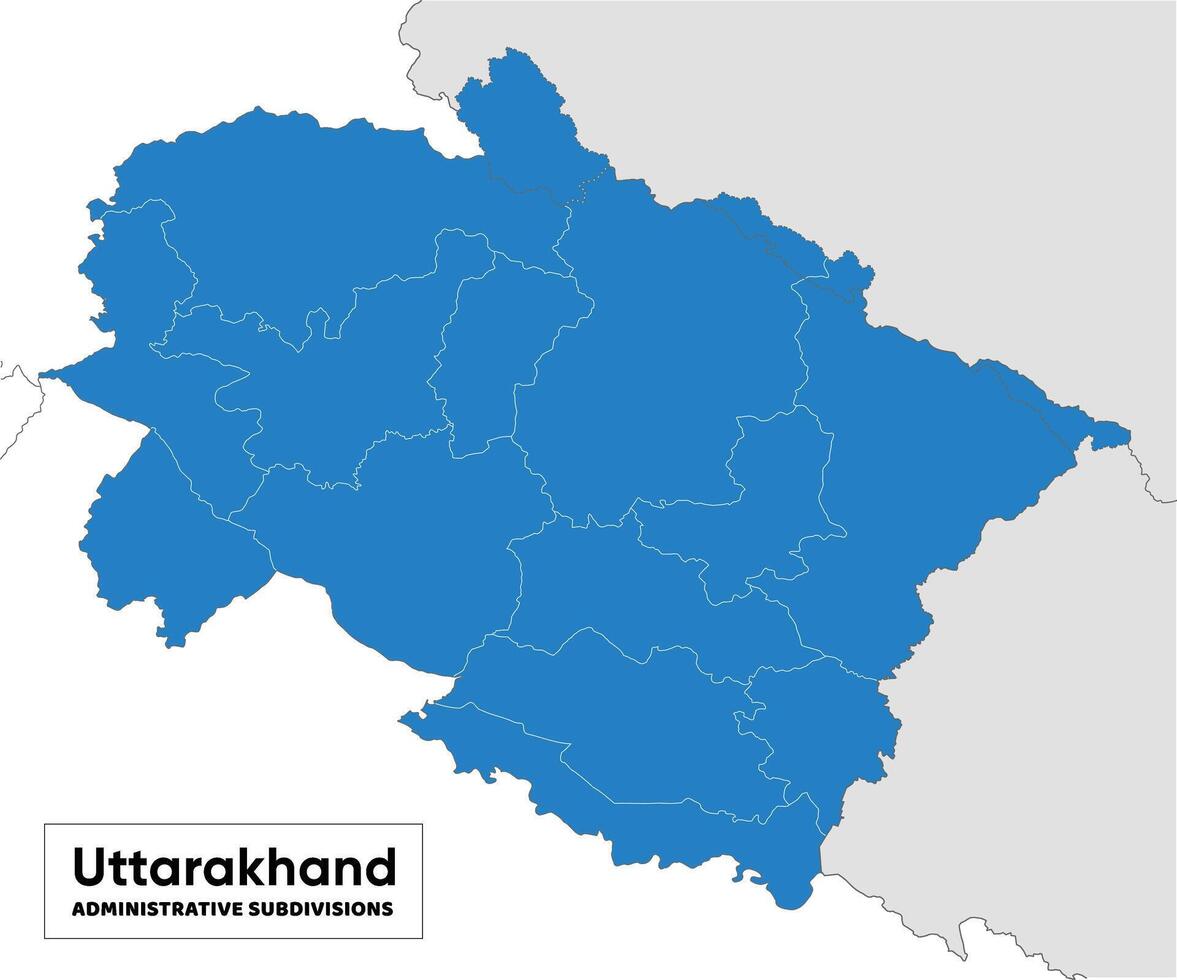Indian state uttarakhand, Dev bhoomi in North India Blue and white stroke outline for Districts, kumaoni, Garhwal with Political administrative subdivisions simple flat geographic map editable vector