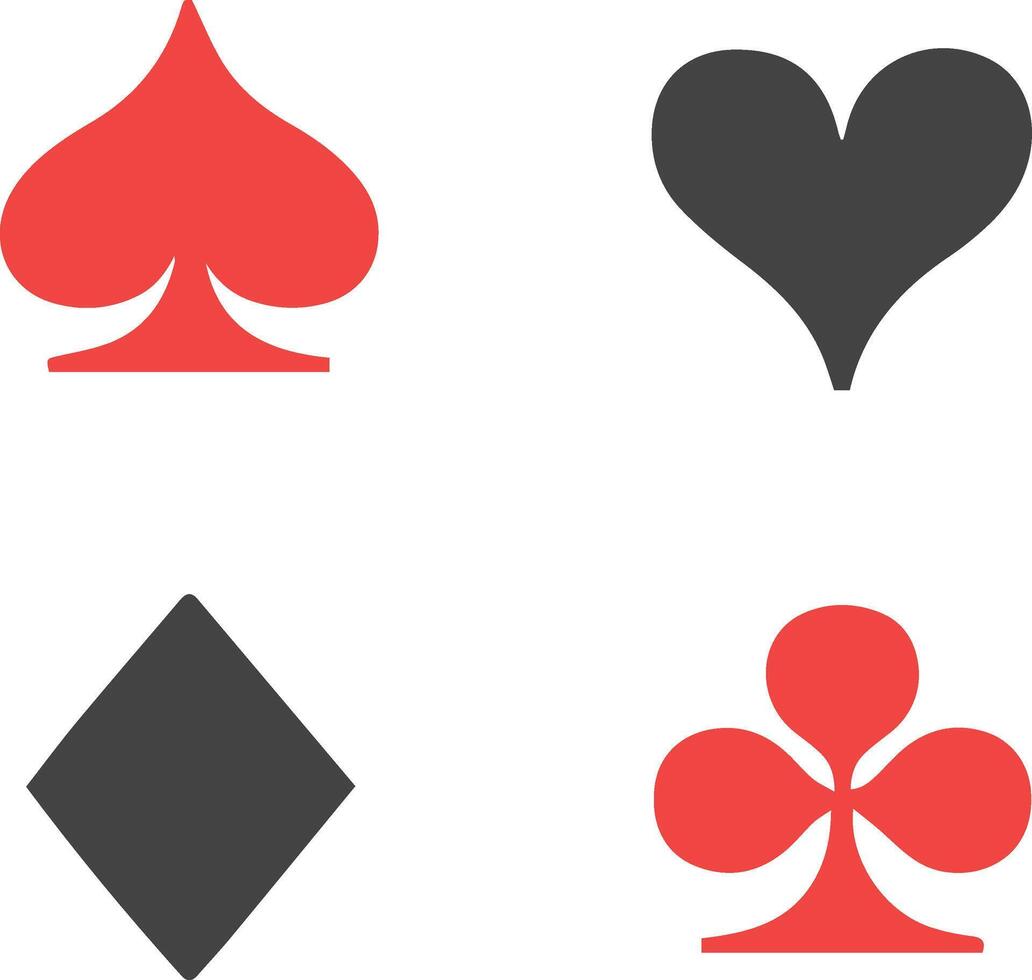 Set of playing card symbols suits, spade, heart, club and diamond set for your design logo. Flat deck cards shape for casino gambling vegas app isolated on white background vector