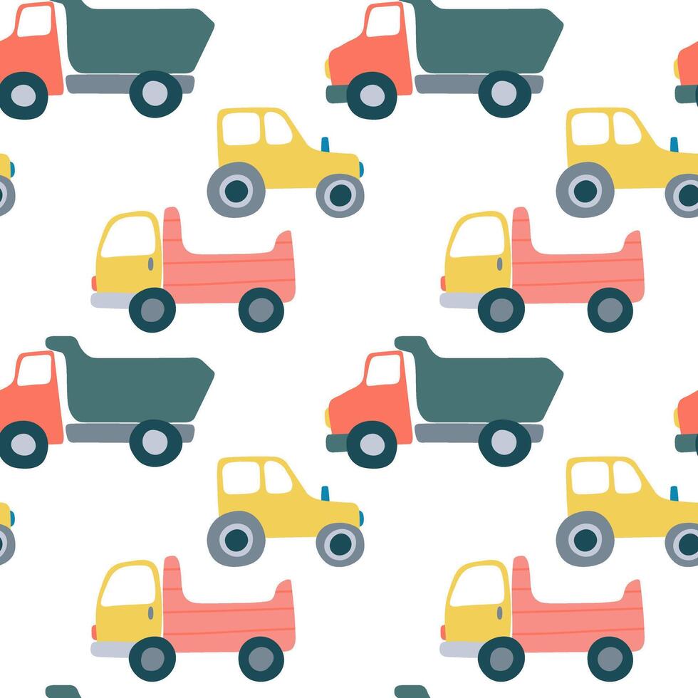 transport seamless pattern. Yellow tractor and trucks flat style on white background vector