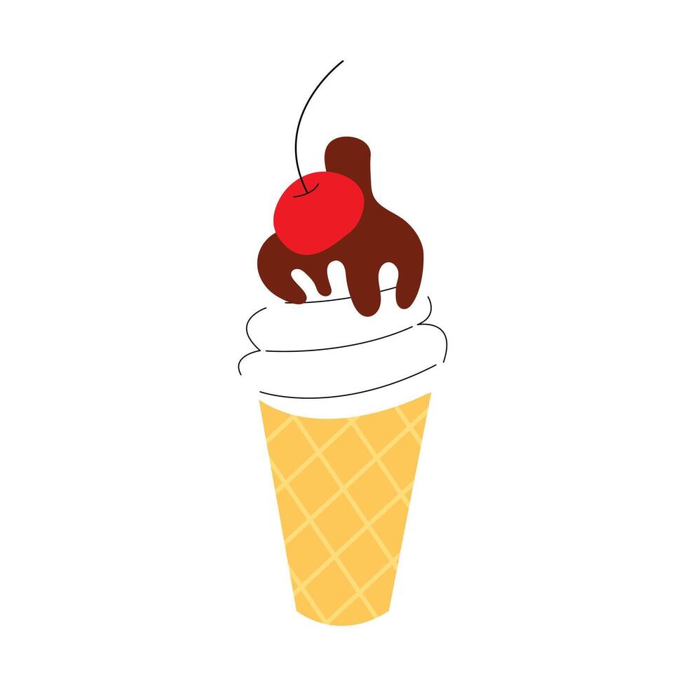 Ice cream sundae in a waffle cone with cherry flat illustration vector
